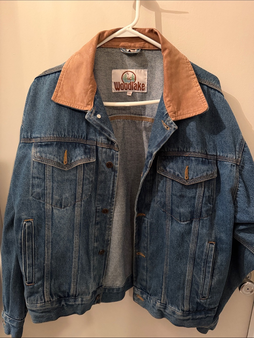 Vintage Blue Denim Bomber Jacket with Tan Corduroy Collar